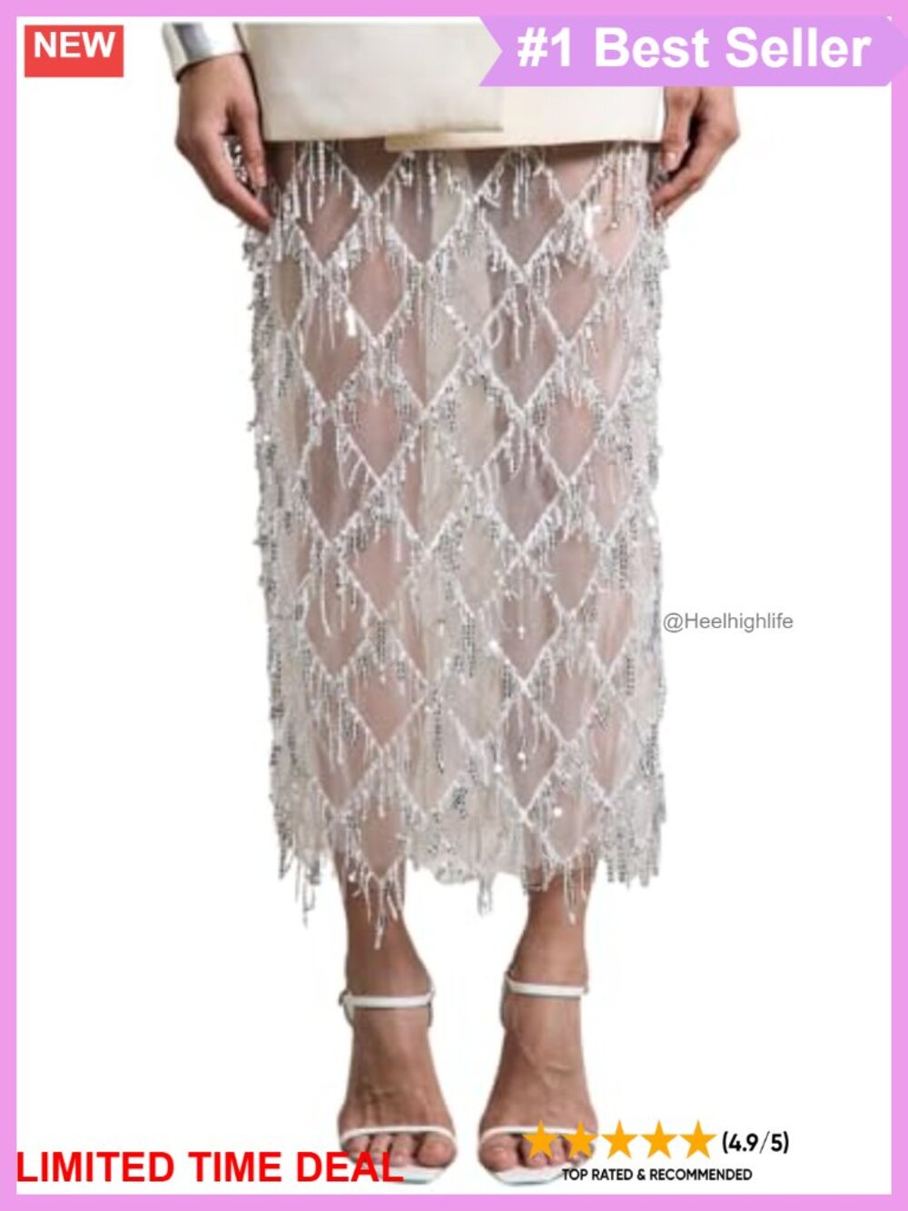 Sequin Fringe Midi Pencil Skirt Sheer Mesh Sparkly Side Slit Party